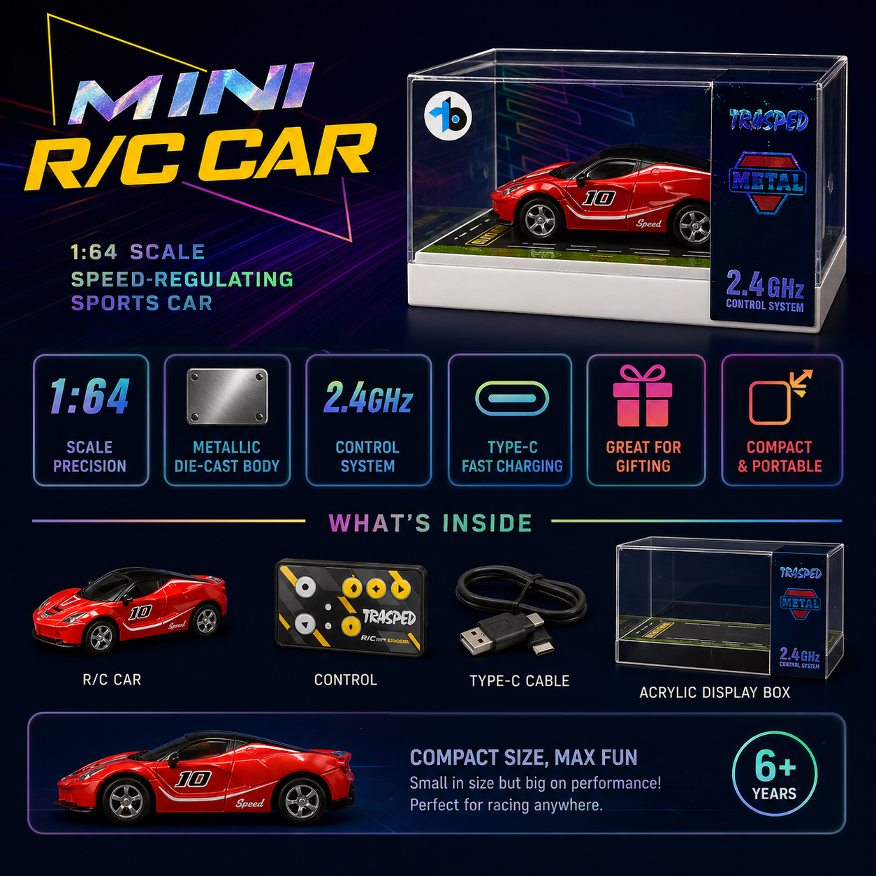 Metallic RC Car With App Control And Type C Charging 1:64 Scale